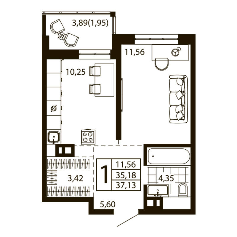 1-комн. квартира 35.9 м²