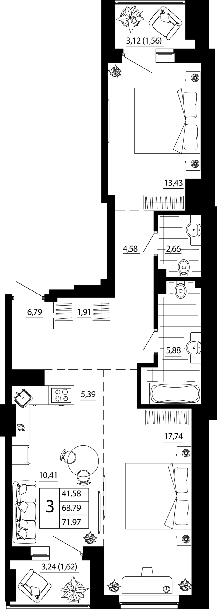 Евро 3-комн. квартира 71.52 м²