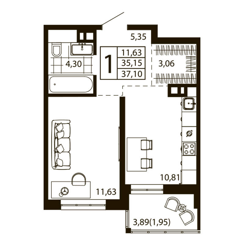1-комн. квартира 36.37 м²
