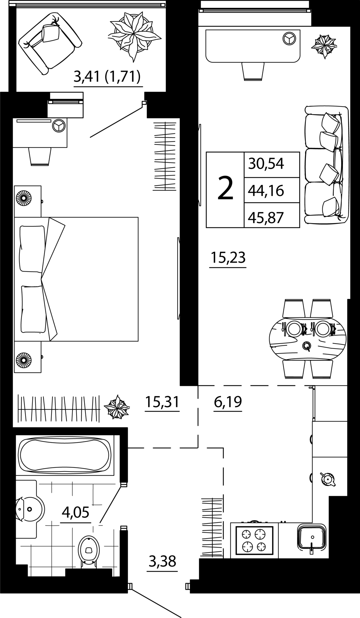 Евро 2-комн. квартира 45.64 м²