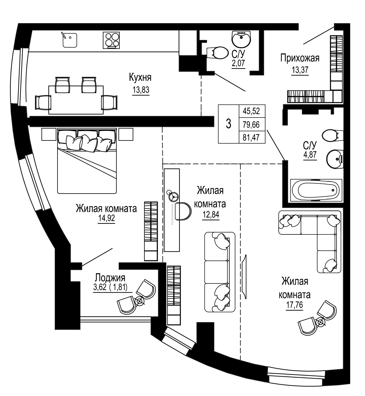 3-комн. квартира 82.04 м²
