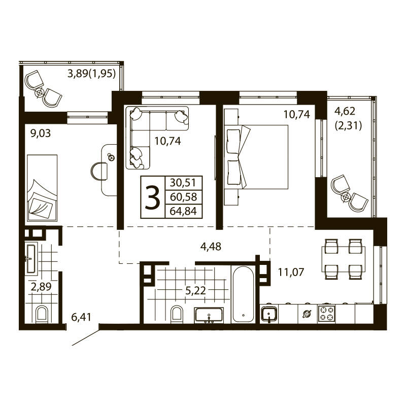 3-комн. квартира 63.71 м²