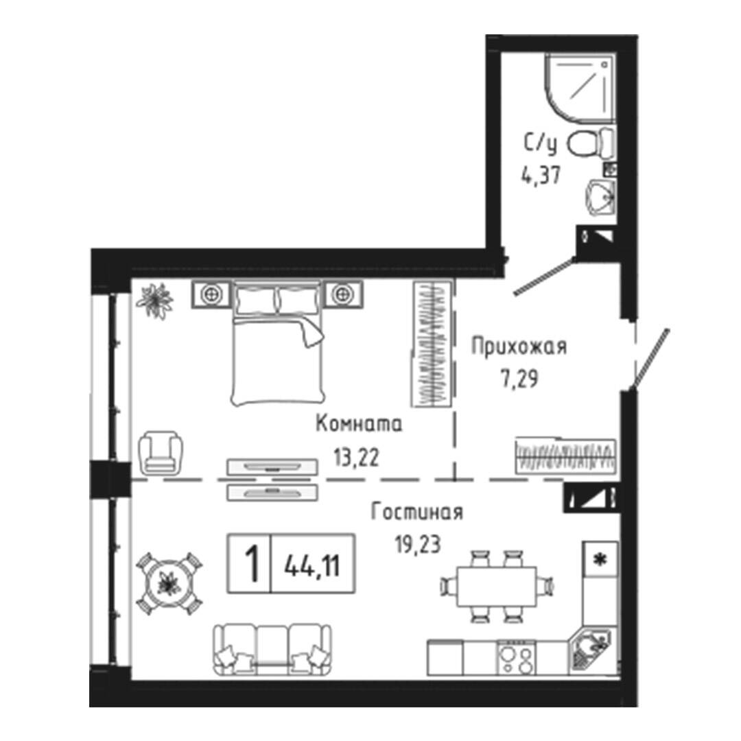 1-комн. квартира 44.11 м²