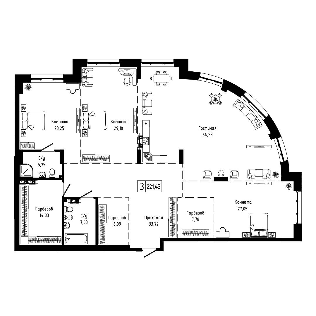3-комн. квартира 221.43 м²