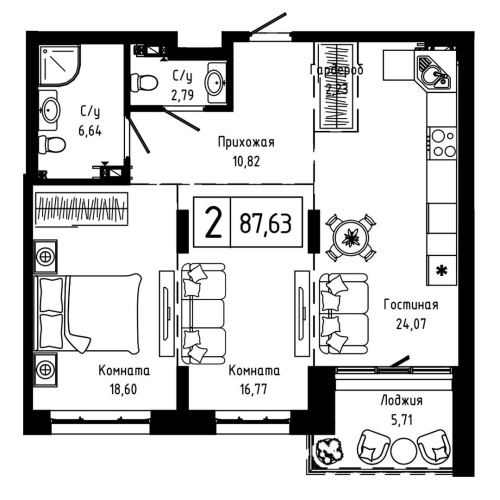 2-комн. квартира 87.6 м²