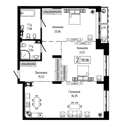 2-комн. квартира 112.06 м²