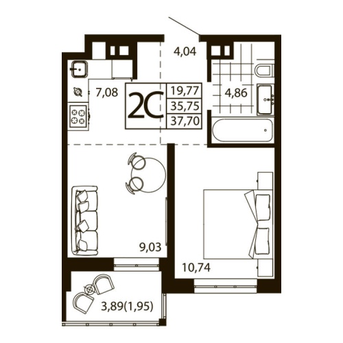 Евро 2-комн. квартира 37.7 м²