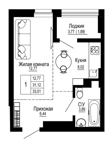1-комн. квартира 32.98 м²