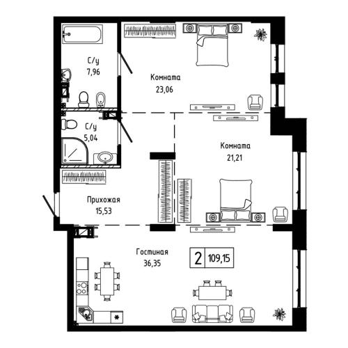 2-комн. квартира 109.15 м²