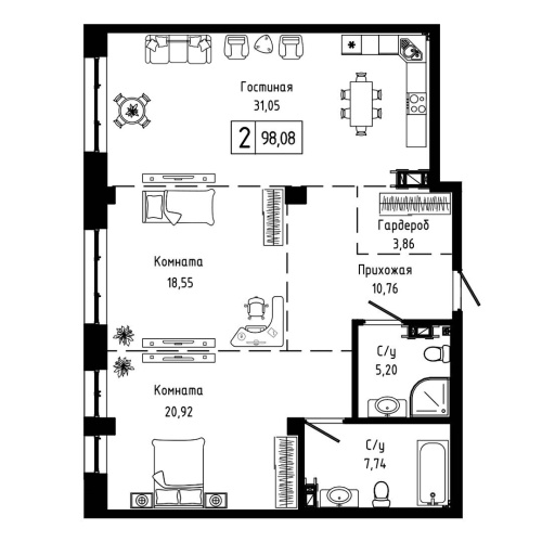 2-комн. квартира 98.08 м²