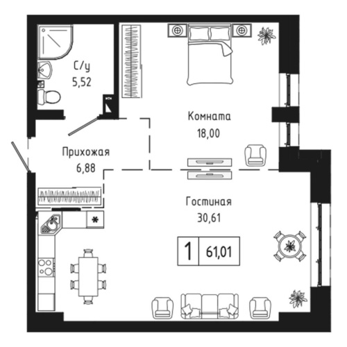 1-комн. квартира 61.01 м²