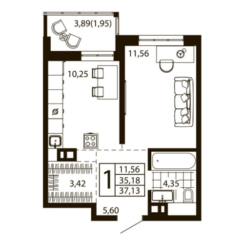 1-комн. квартира 35.9 м²