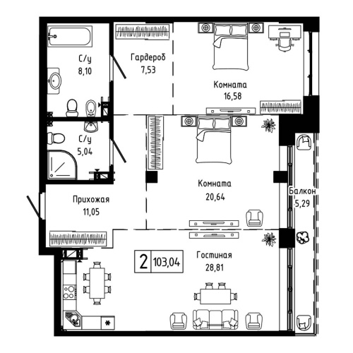 2-комн. квартира 103.04 м²