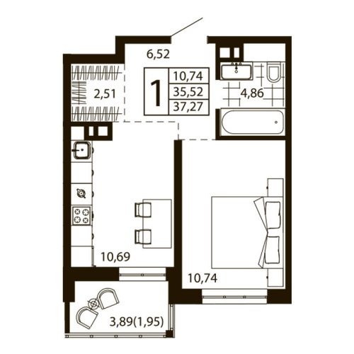 1-комн. квартира 37.28 м²
