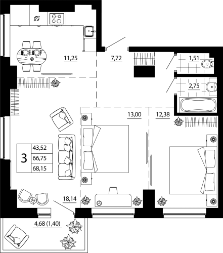 3-комн. квартира 67.86 м²