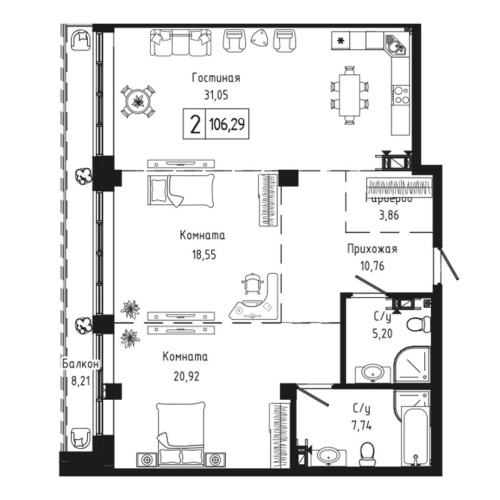 2-комн. квартира 106.29 м²