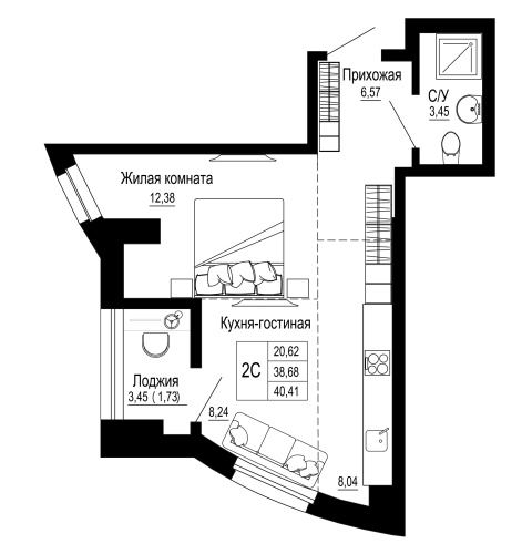 2-комн. квартира 40.41 м²