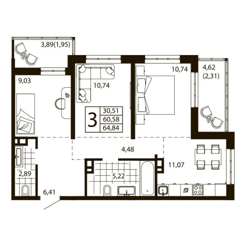 3-комн. квартира 63.4 м²