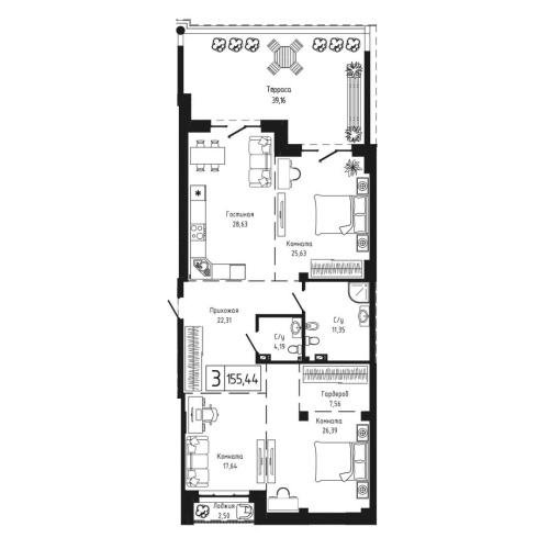 3-комн. квартира 155.44 м²