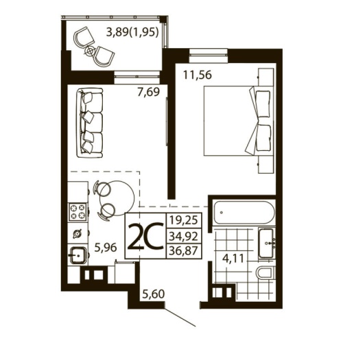Евро 2-комн. квартира 36.87 м²