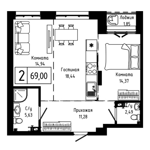 2-комн. квартира 69 м²
