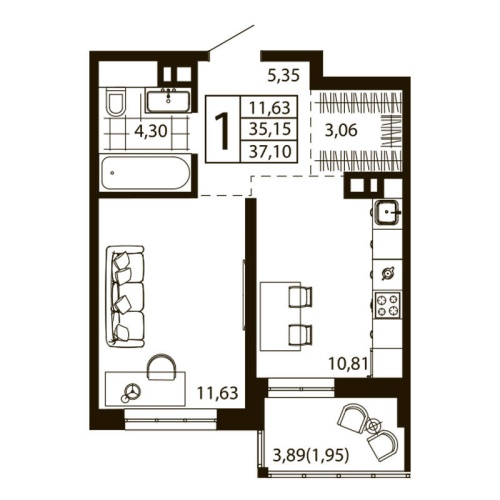 1-комн. квартира 37.02 м²