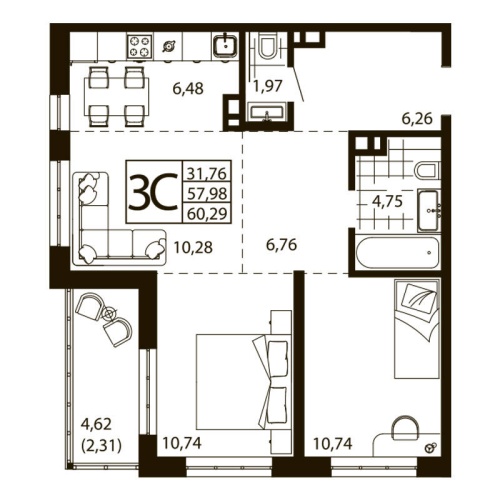 Евро 3-комн. квартира 60.1 м²