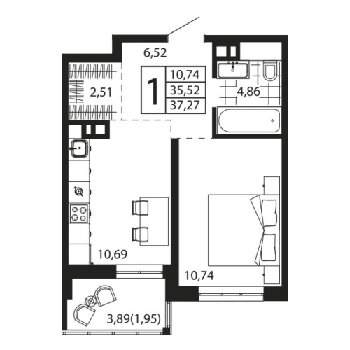 1-комн. квартира 36.54 м²