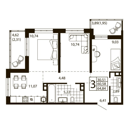 3-комн. квартира 64.84 м²