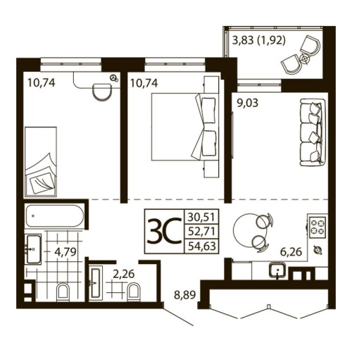 Евро 3-комн. квартира 54.63 м²