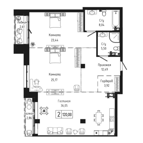 2-комн. квартира 120.08 м²