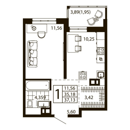 1-комн. квартира 37.13 м²
