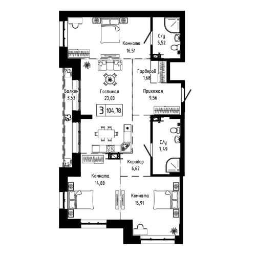 3-комн. квартира 104.78 м²