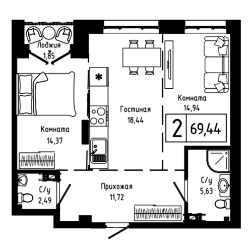 2-комн. квартира 69.44 м²