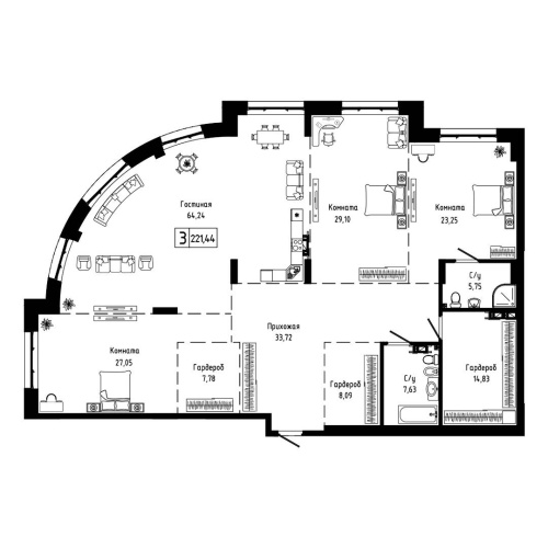 3-комн. квартира 221.44 м²