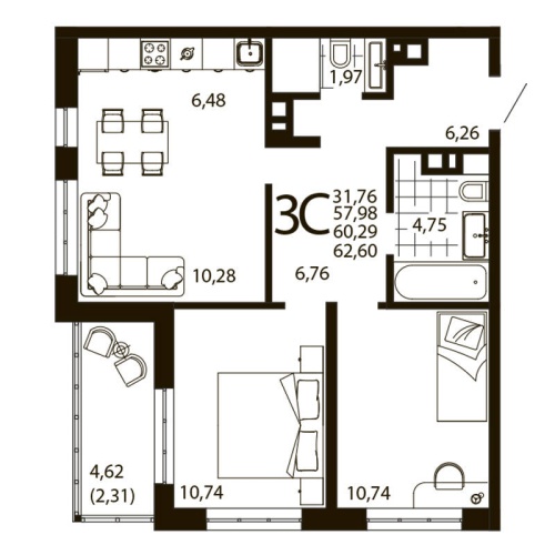 Евро 3-комн. квартира 60.21 м²