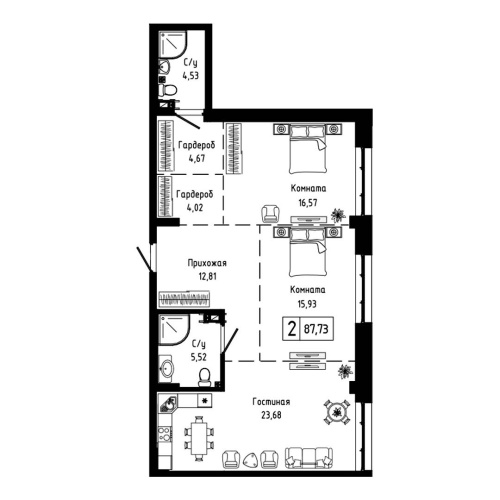 2-комн. квартира 87.73 м²