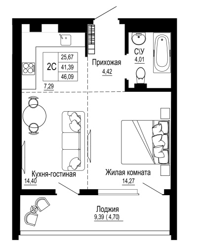 2-комн. квартира 45.93 м²