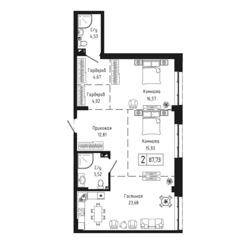 2-комн. квартира 87.73 м²