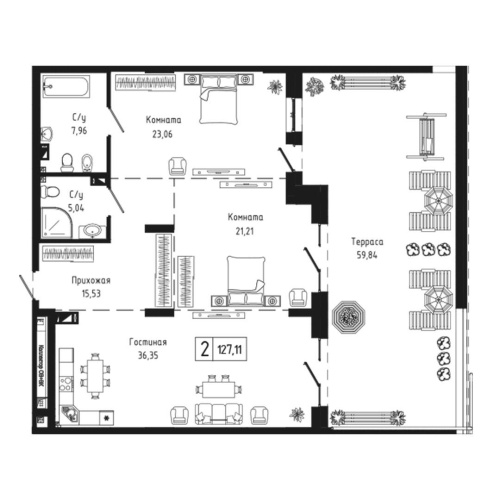 2-комн. квартира 127.1 м²