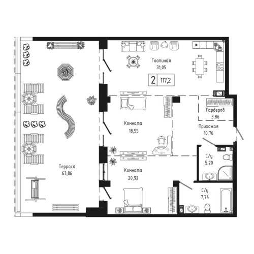 2-комн. квартира 117.2 м²
