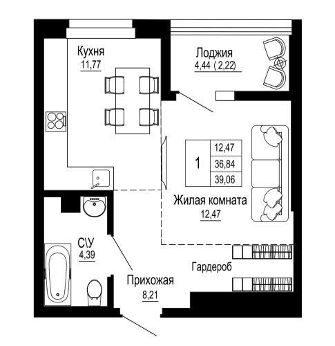 1-комн. квартира 39.06 м²