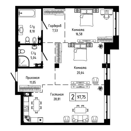 2-комн. квартира 97.75 м²