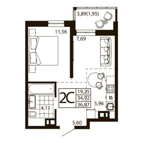 Евро 2-комн. квартира 36.79 м²