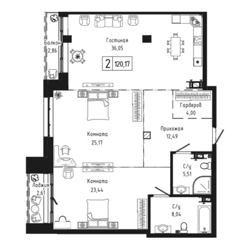 2-комн. квартира 120.17 м²