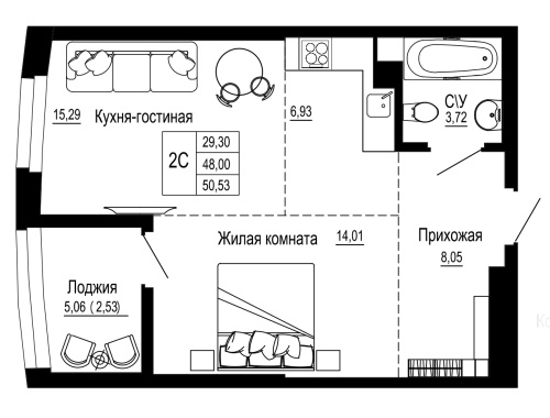 Евро 2-комн. квартира 50.52 м²