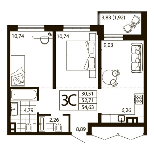 Евро 3-комн. квартира 54.11 м²