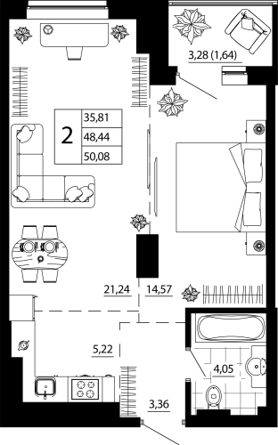 Евро 2-комн. квартира 49.97 м²