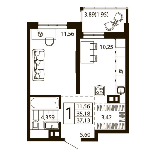 1-комн. квартира 37.05 м²