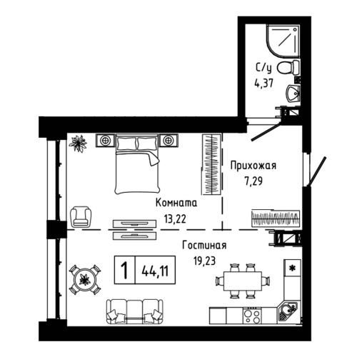 1-комн. квартира 44.11 м²